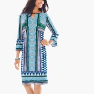 Chico's New Blue Green Medallion Jersey Knit Bell Sleeve Shift Dress SZ XL 3